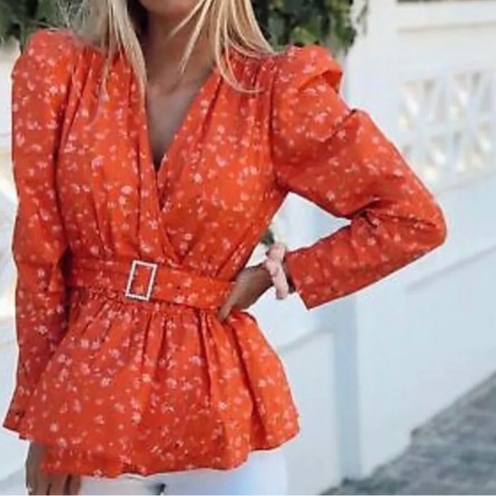 ZARA Red Floral Print Top Blouse With Belt Puff Shoulder - Picture 4 of 6